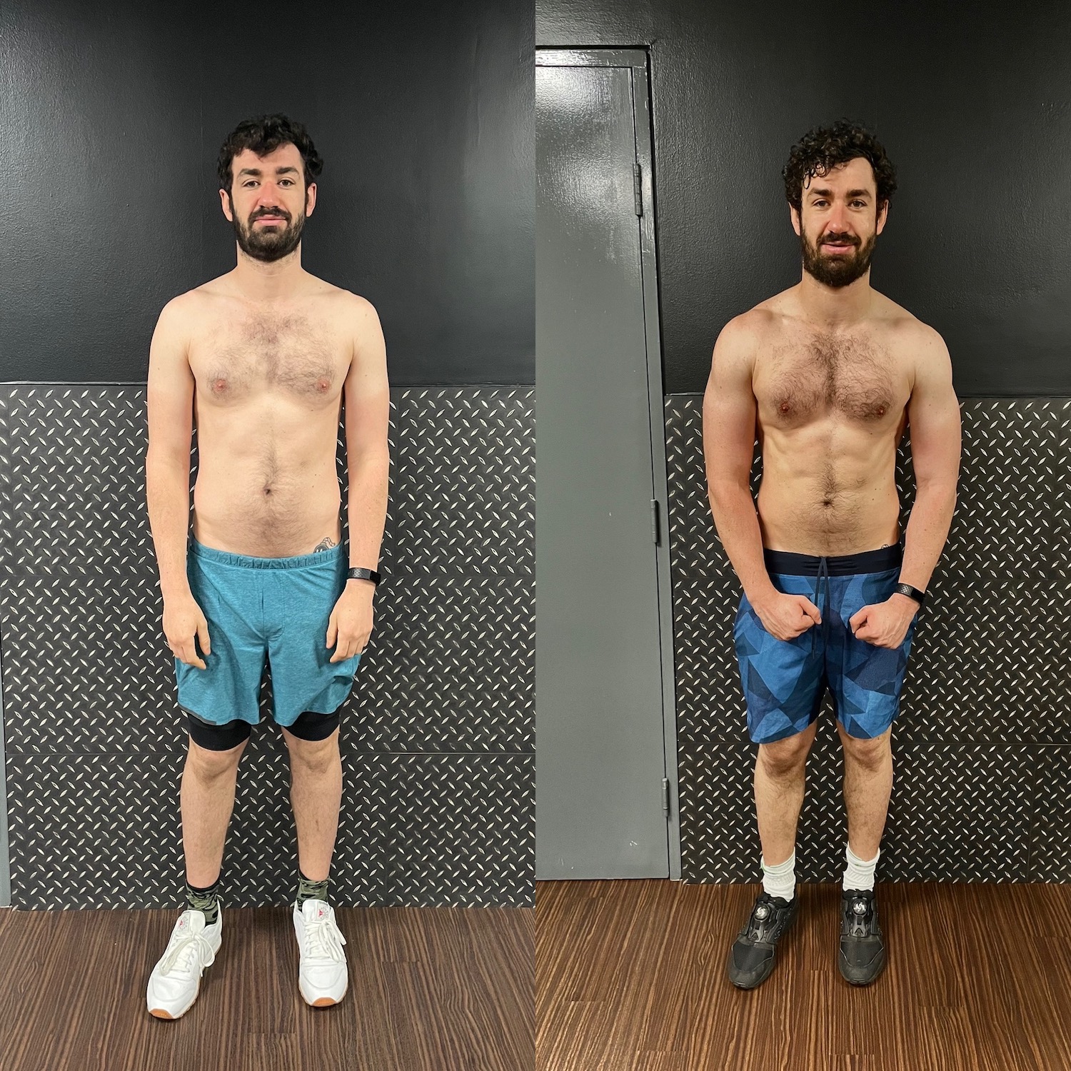 A before and after image of a topless man after health and fitness training